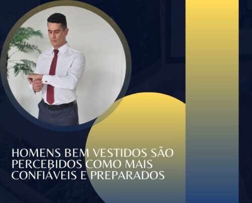 Homem de camisa social branca e gravata vinho em arte de capa sobre como homens bem vestidos são percebidos como mais confiáveis e preparados
