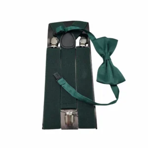 Kit com suspensório verde em elástico e gravata borboleta combinando, visto de cima