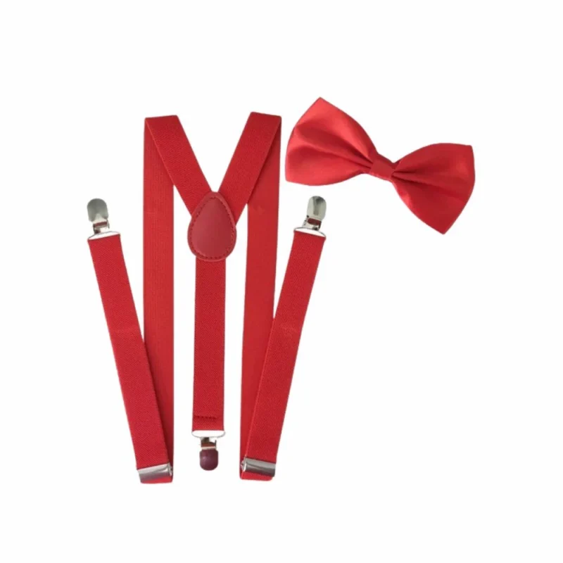 Kit com suspensório vermelho em elástico e gravata borboleta combinando, sobre fundo branco