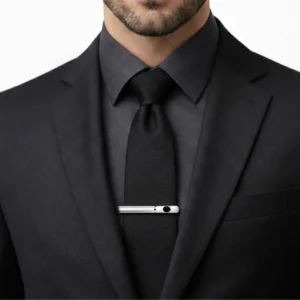 Prendedor de gravata prata com detalhe preto preso à gravata preta em traje executivo