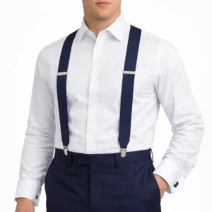 Suspensório masculino azul marinho em elástico, visto de frente sobre camisa branca