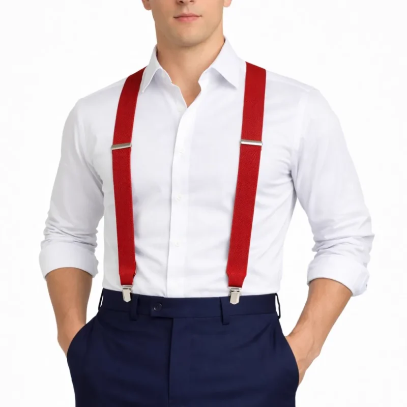 Suspensório masculino vermelho em elástico, visto de frente sobre camisa branca e calça social
