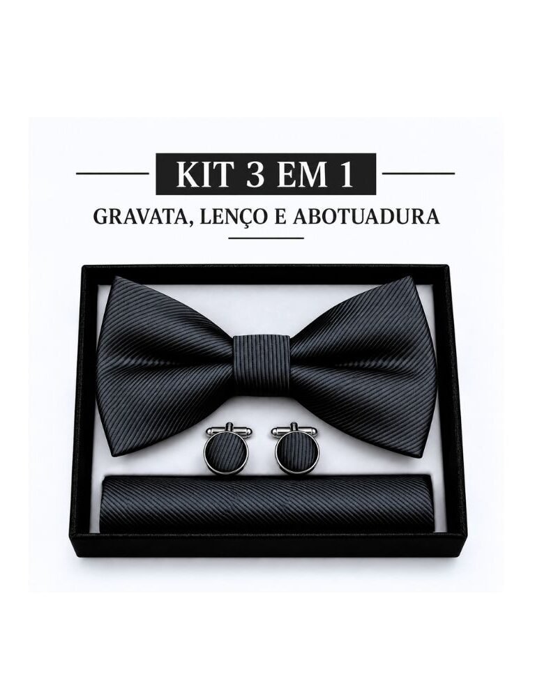 Kit Preto com Gravata Borboleta, Lenço e Abotoaduras