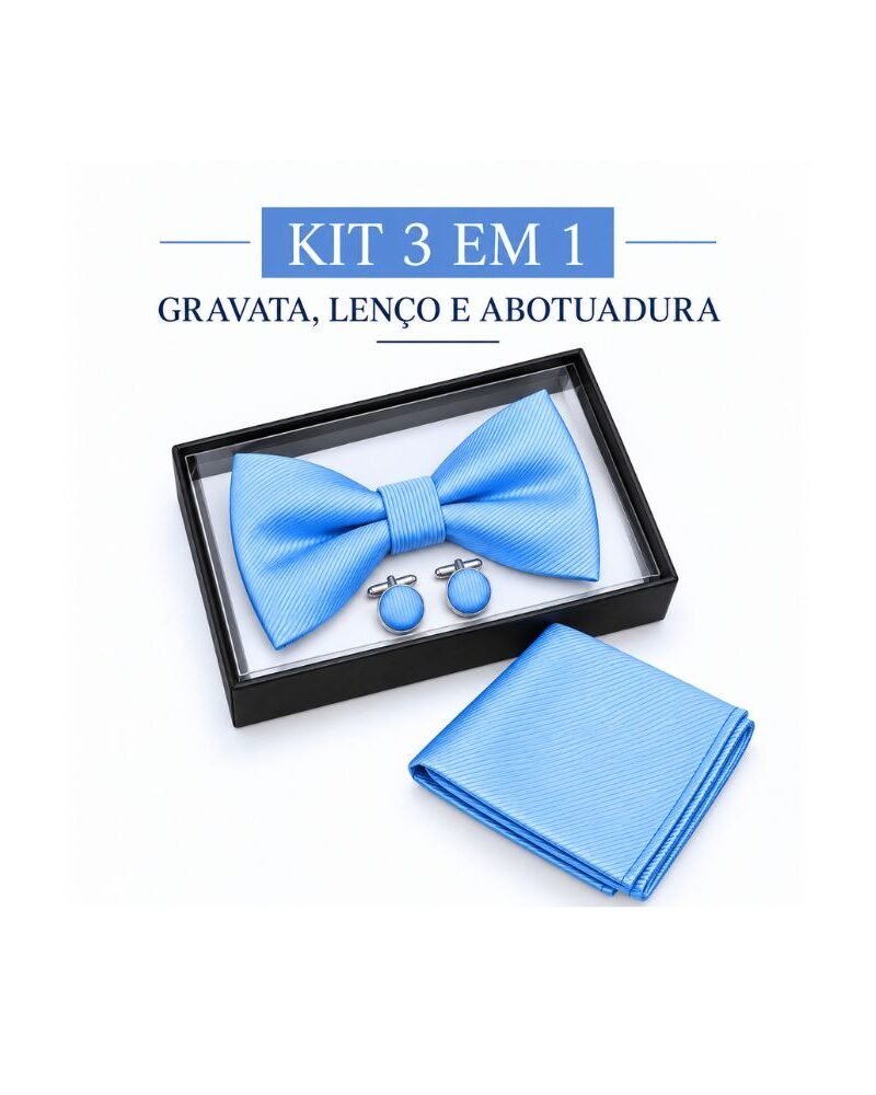 Kit Azul Claro com Gravata Borboleta, Lenço e Abotoaduras