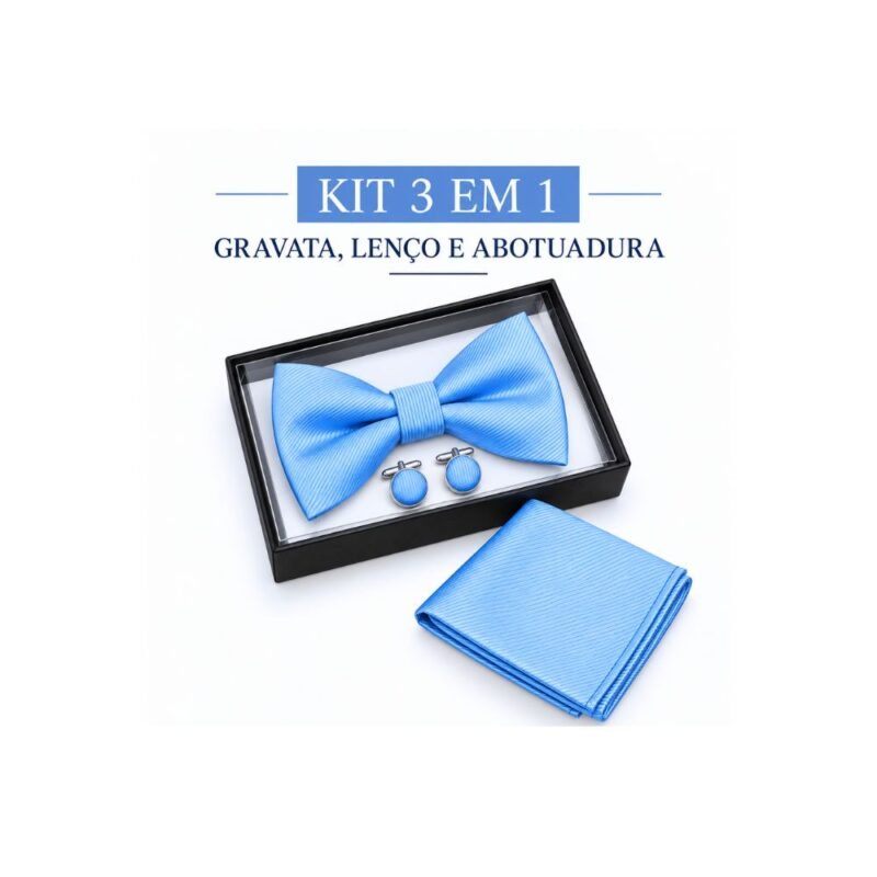 Kit Azul Claro com Gravata Borboleta, Lenço e Abotoaduras