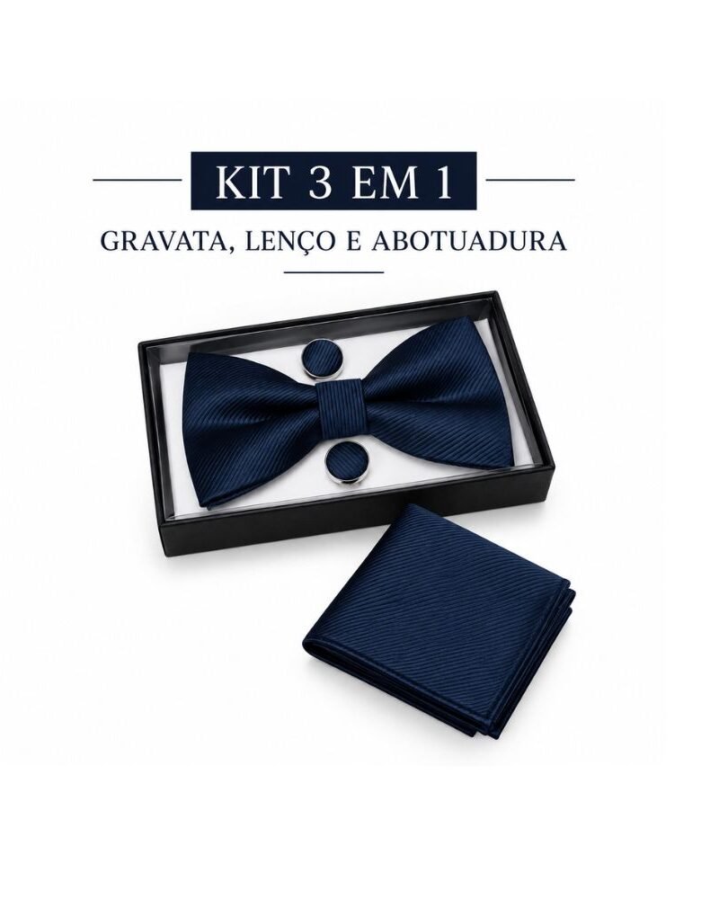 Kit Masculino Azul-Marinho com Gravata Borboleta, Lenço e Abotoaduras