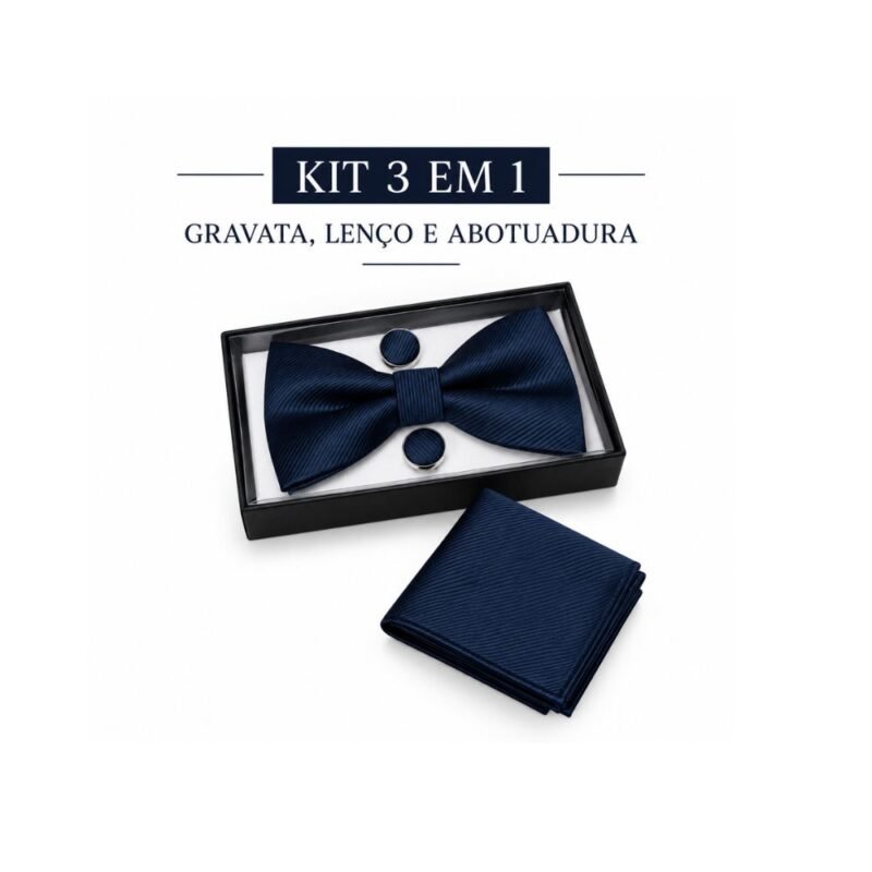 Kit Masculino Azul-Marinho com Gravata Borboleta, Lenço e Abotoaduras