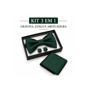 Kit Verde 3 Peças – Gravata Borboleta, Lenço e Abotoaduras