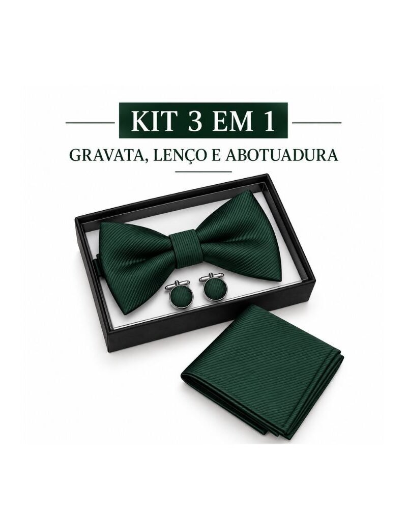Kit Verde 3 Peças – Gravata Borboleta, Lenço e Abotoaduras