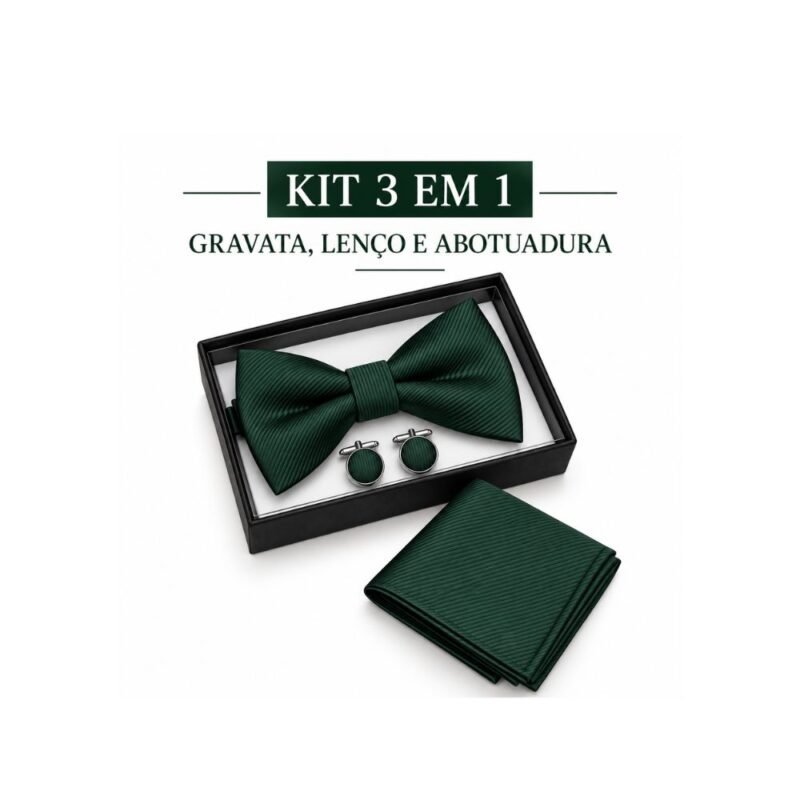 Kit Verde 3 Peças – Gravata Borboleta, Lenço e Abotoaduras