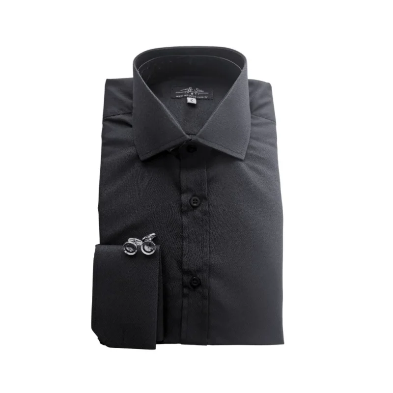 Camisa preta maquinetada de colarinho italiano e punho duplo, com abotoaduras prata