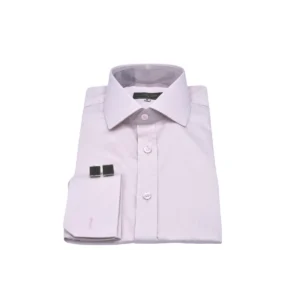 Camisa rosa claro italiana com punho duplo e abotoaduras quadradas prata, dobrada de frente
