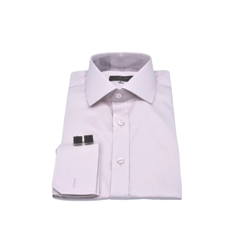 Camisa rosa claro italiana com punho duplo e abotoaduras quadradas prata, dobrada de frente